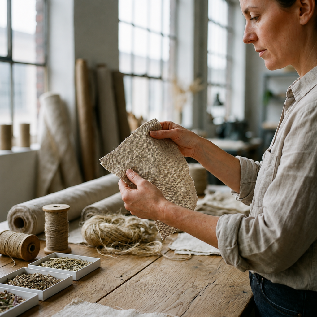 A textile designer in a bright workshop inspecting a rough, natural fiber fabric swatch held between her hands.