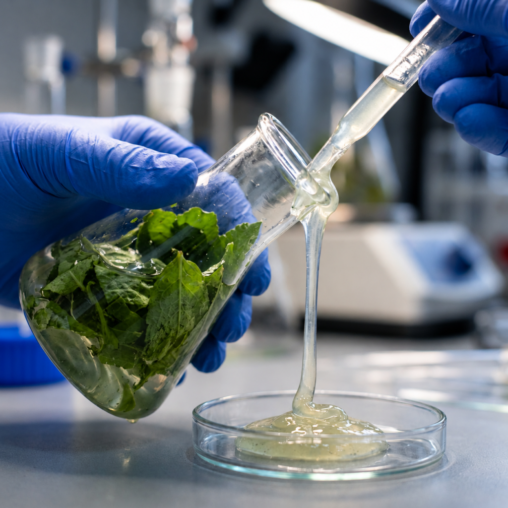 Laboratory research on plant-based extraction, showing a scientist using a pipette to extract natural gel from green leaves for biotechnology and scientific research